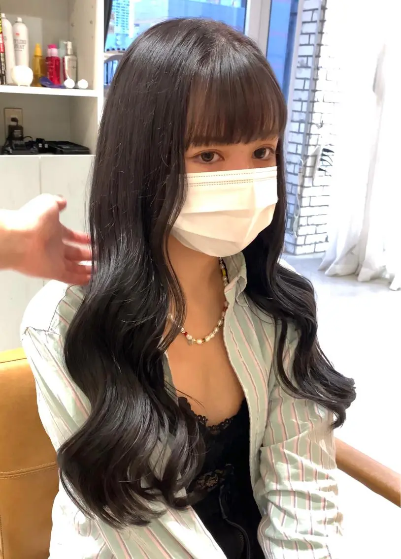 ロング カラー 黒髪 ブルーカラー ブルーブラック ヘアカラー 大阪韓国ヘア 🦋RINKAのヘアスタイル