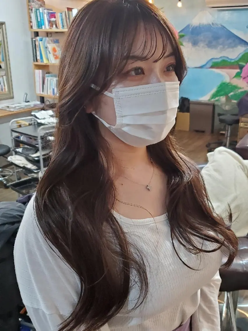 ロング カラー 切りっぱなしボブ ショートボブ バレイヤージュ ベージュカラー 黒髪 カット ヘアカラー トリートメント 韓国レイヤー柔らかい 地毛風縮毛矯正/マツのヘアスタイル