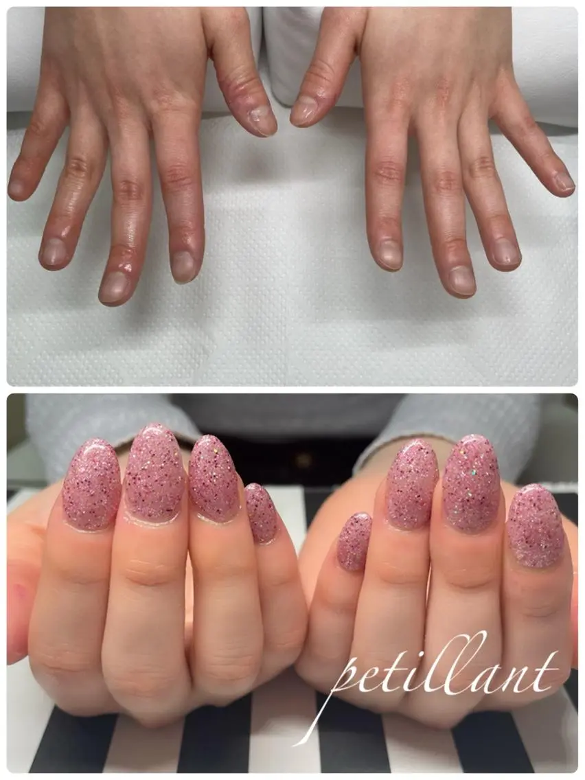 ネイル ラメ(グリッター) ピンク 春ネイル ハンドネイル ハンドケア nail salon petillantのネイルデザイン