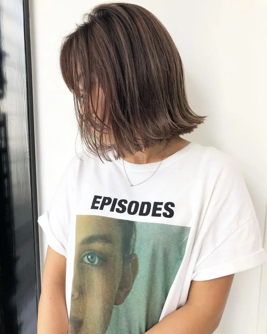 ショート カラー アッシュ アッシュブラウン バレイヤージュ ベージュカラー 黒髪 カット ヘアカラー トリートメント 顔まわりレイヤー× 韓国ヘアオタベシンヤのヘアスタイル