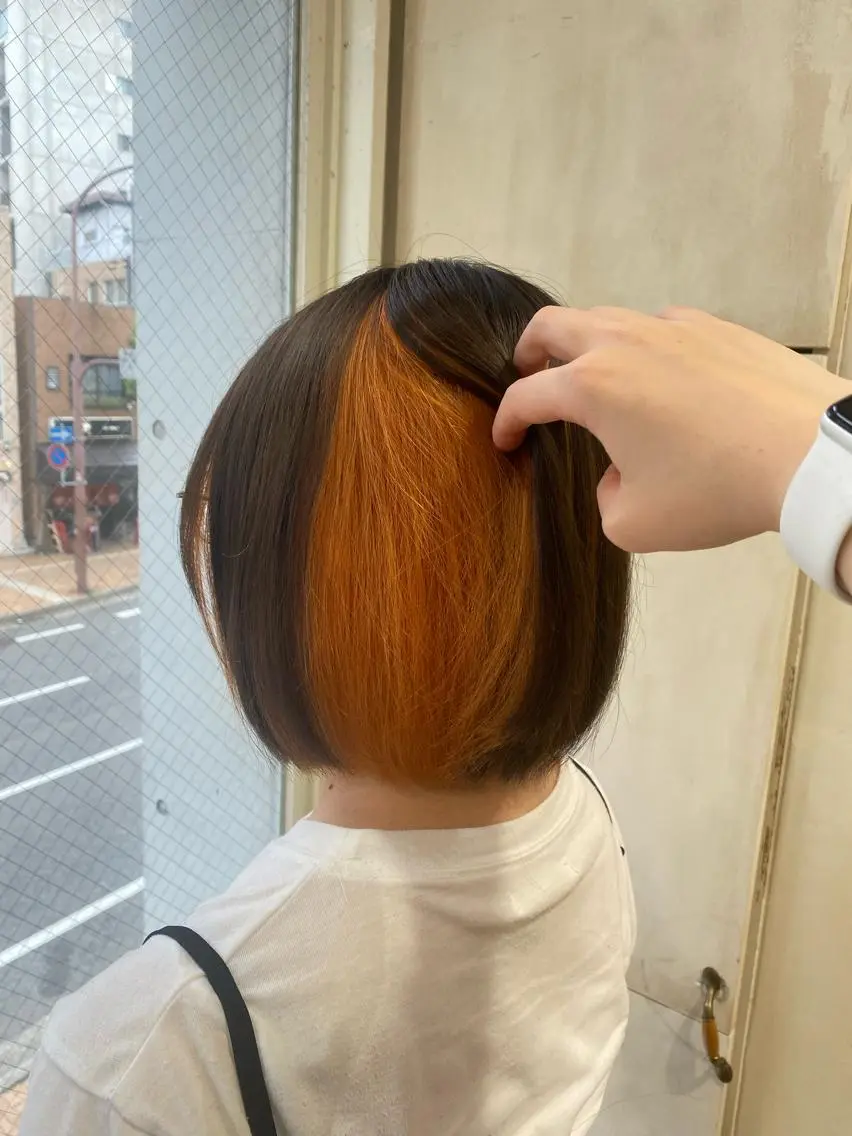 ショート カラー ブリーチ ブラウンカラー インナーカラー オレンジ ヘアカラー ハイトーンカラー 🍬Rinka🍬のヘアスタイル