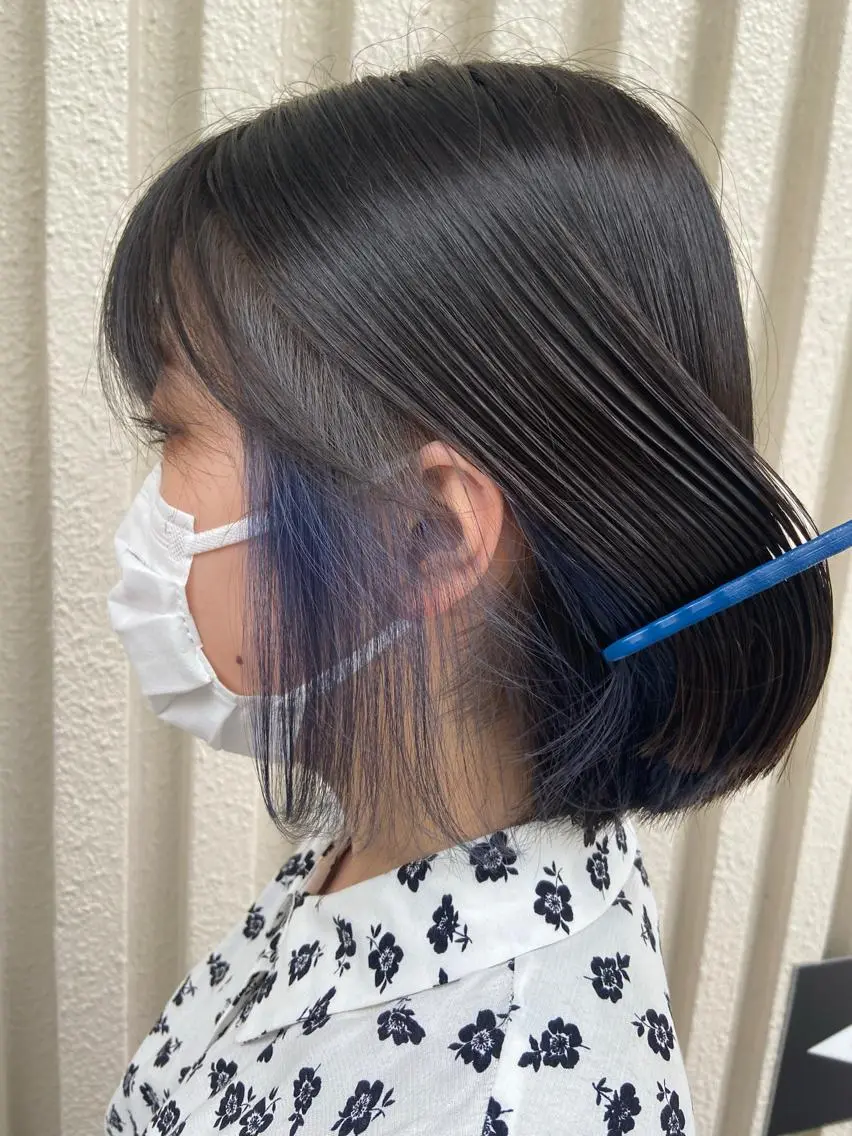 ショート カラー ブルーカラー インナーカラー ネイビーカラー Kensho 京都駅 ケアブリーチのヘアスタイル
