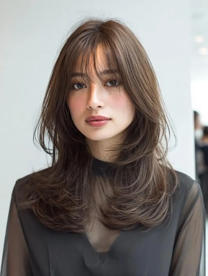 セミロング ハッシュカット 髪質改善 レイヤーカット 縮毛矯正 トリートメント 絶対可愛い🍎透明感 カラーあります✨蕾祁のヘアスタイル