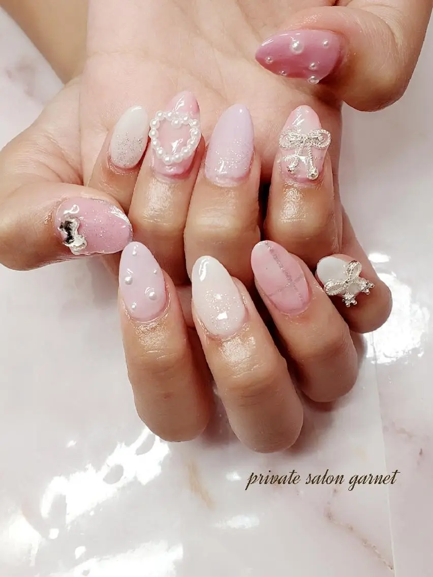 ネイル ピンク リボン ワンホンネイル Garnet nailのネイルデザイン