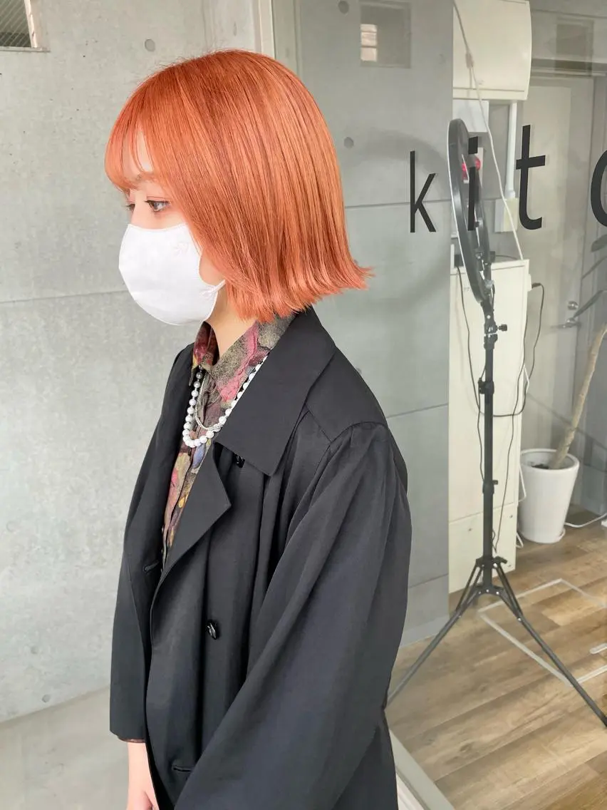 ミディアム カラー 切りっぱなしボブ ベージュカラー オレンジ オレンジベージュ ボブ 高円寺 utuwa🌟まなみのヘアスタイル