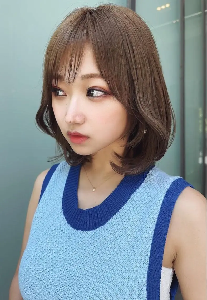 ショート カラー ベージュカラー 黒髪 ブリーチ ブルーカラー ブルーブラック カット ヘアカラー トリートメント 木屋元一/透明感 /前髪/レイヤーのヘアスタイル