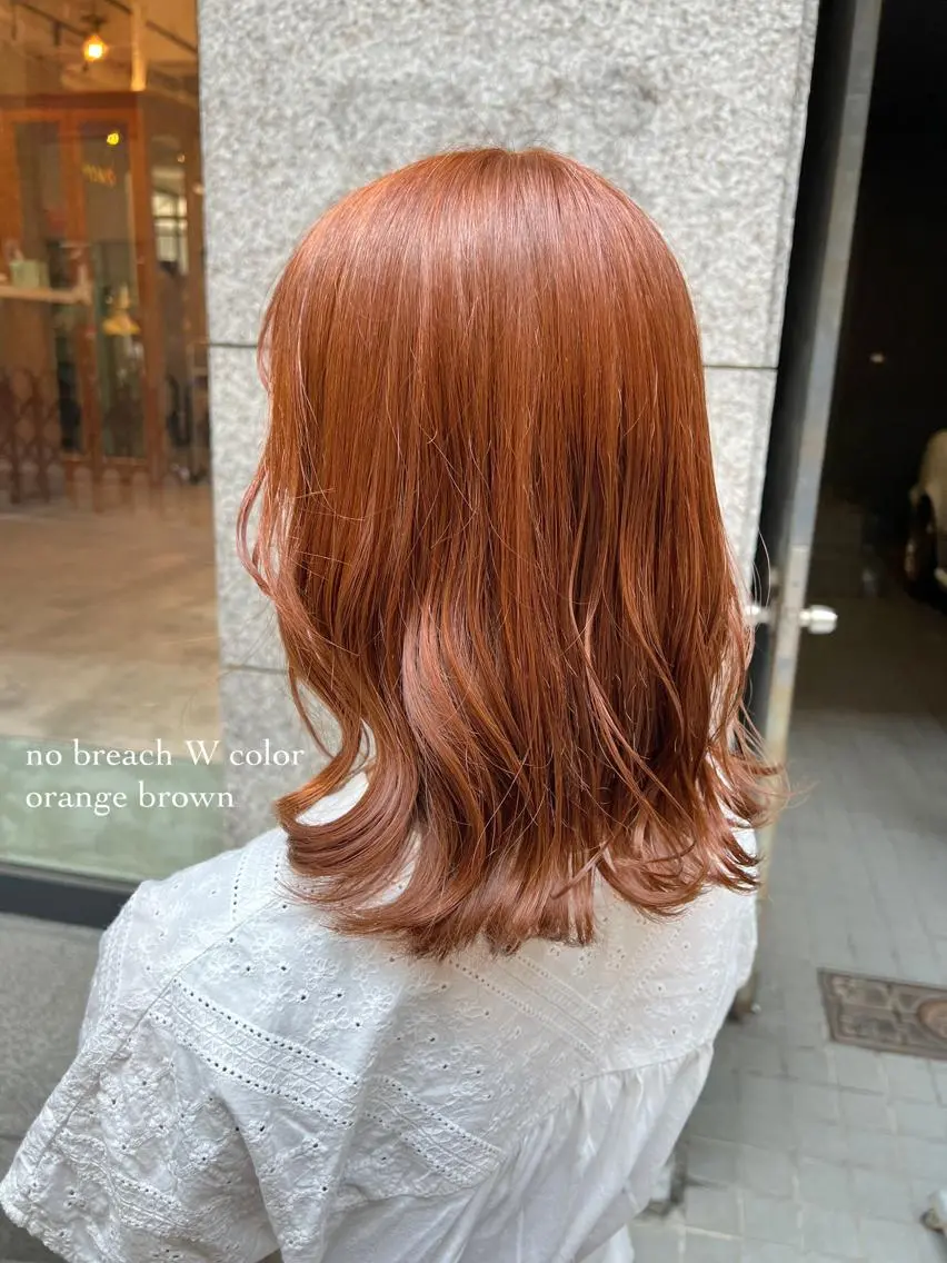 ミディアム カラー ブリーチ ブラウンカラー ダブルカラー ブリーチなしカラー オレンジ THINK SHOP sakiのヘアスタイル