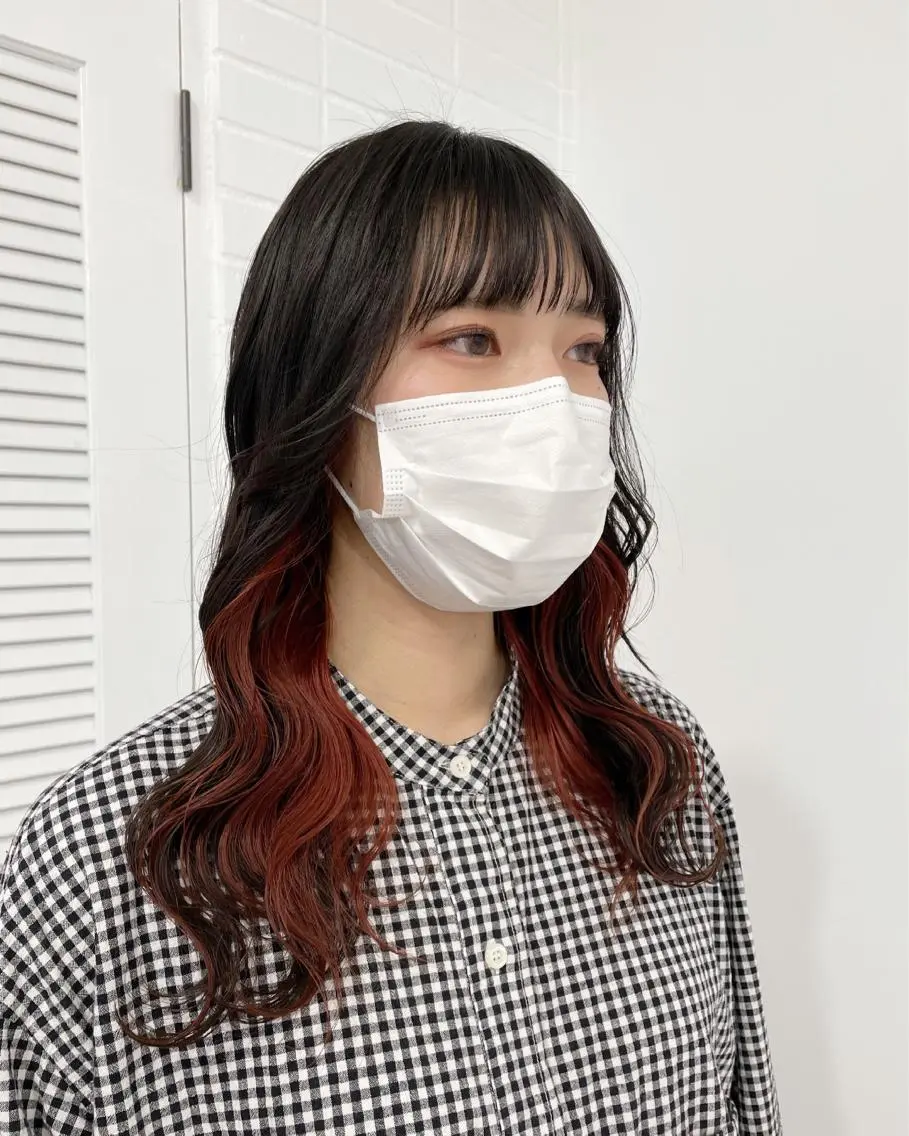ロング カラー ヘアアレンジ 黒髪 インナーカラー オレンジ レッドカラー ヘアカラー トリートメント ボブ×柔らかいカラー 🌷misaki𓍼のヘアスタイル