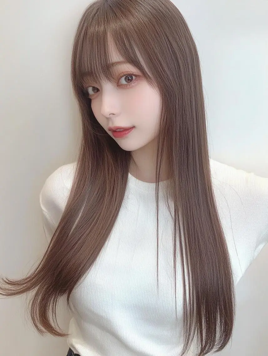 ロング カラー 縮毛矯正 トリートメント 赤みなしオリーブ ハイトーン×レイヤーのヘアスタイル