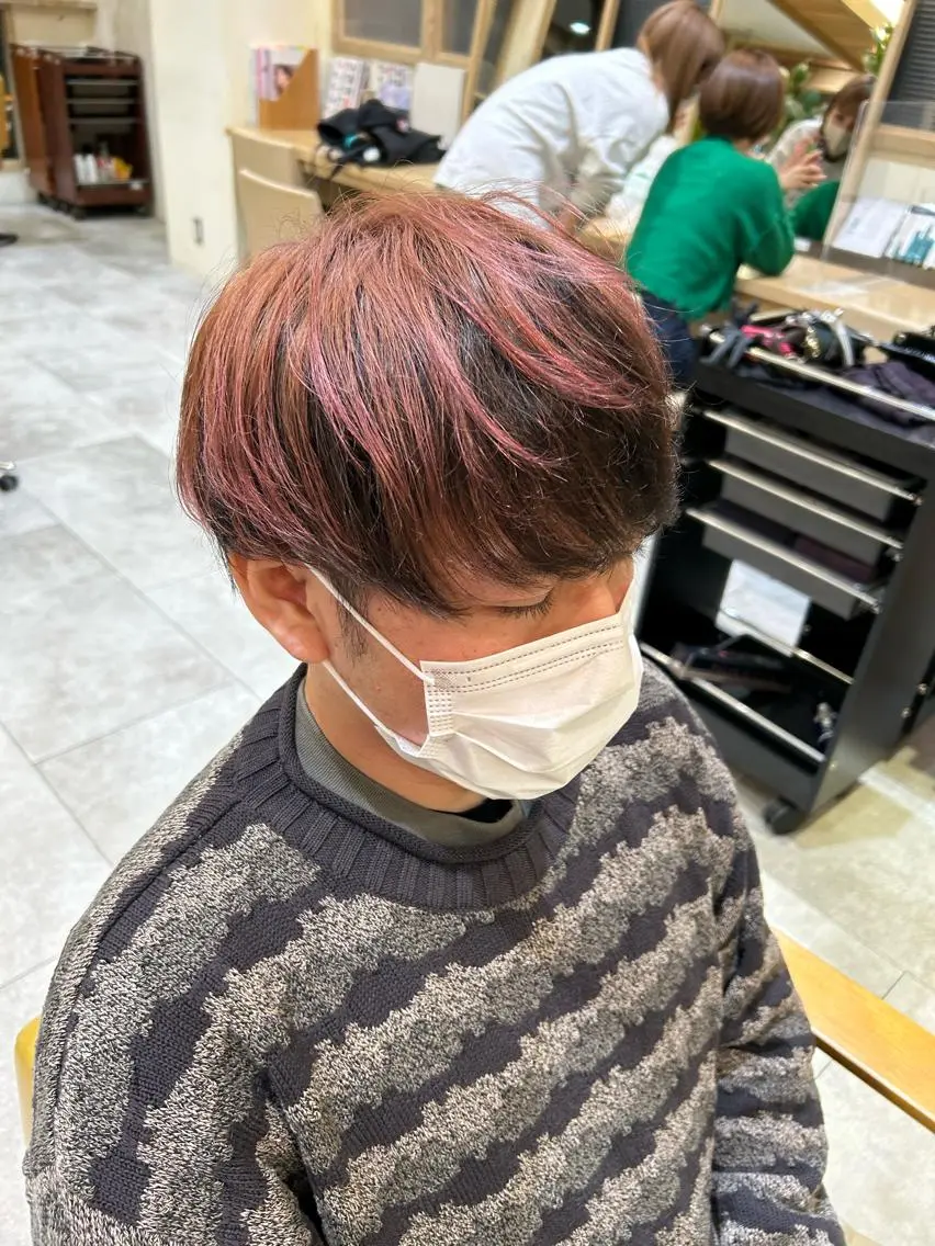 カラー メンズ レッドカラー 艶透明感カラー/ ルーズパーマ/田中のヘアスタイル