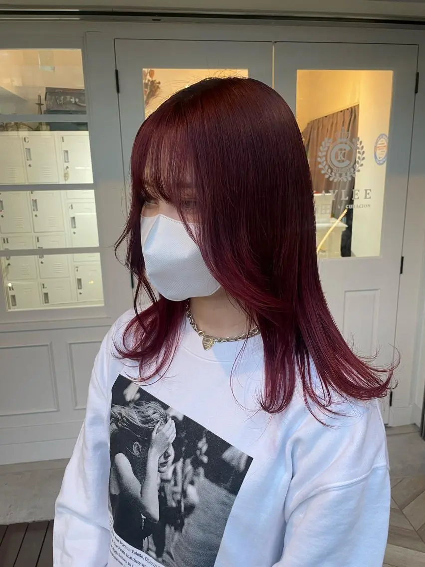 セミロング カラー ヘアアレンジ ブリーチ レッドカラー ヘアカラー トリートメント 酸性縮毛矯正 梅田茶屋町 Juriのヘアスタイル