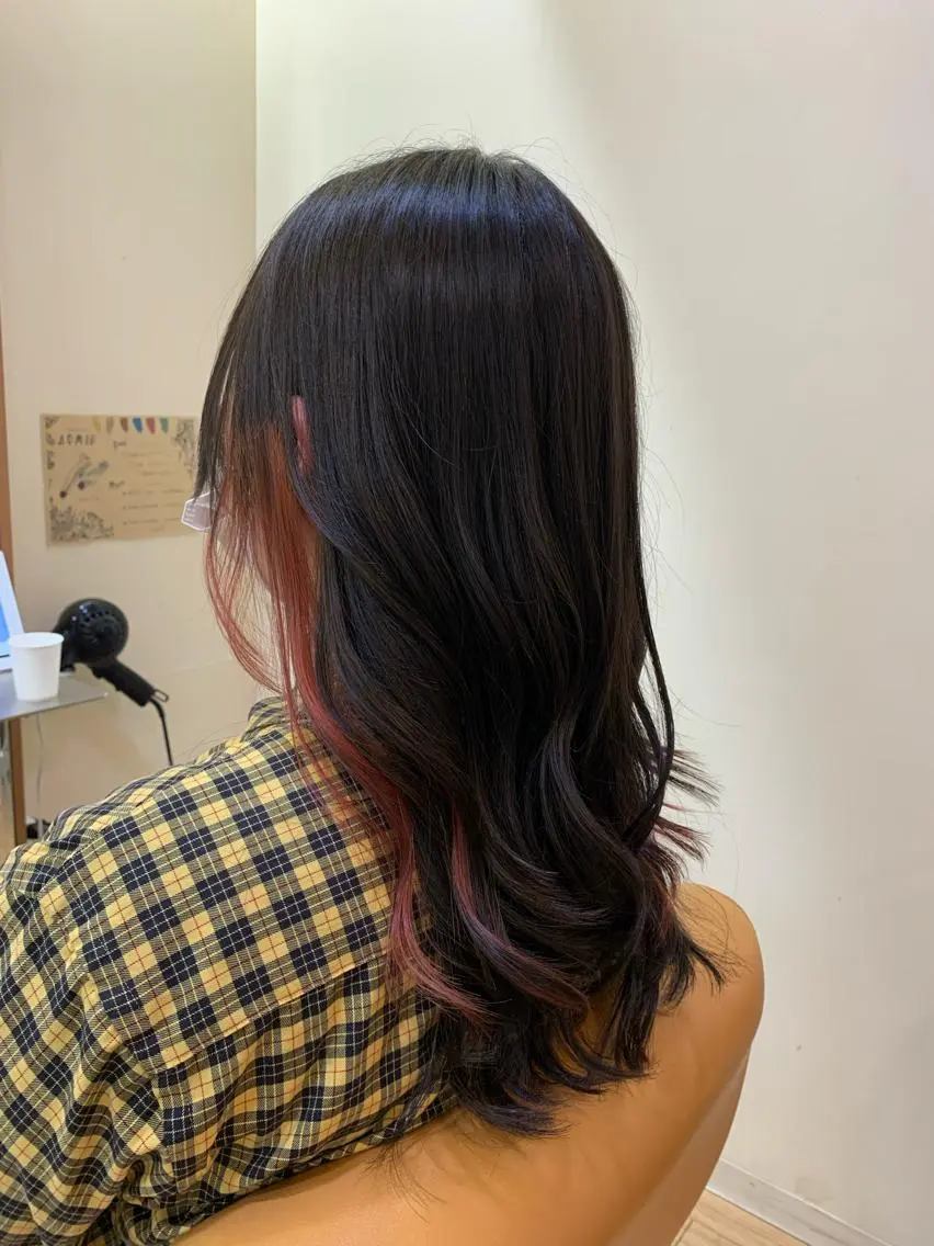 セミロング カラー 黒髪 ナチュラルブラック オレンジ 板倉 花連 💌リピーター様へ↓のヘアスタイル