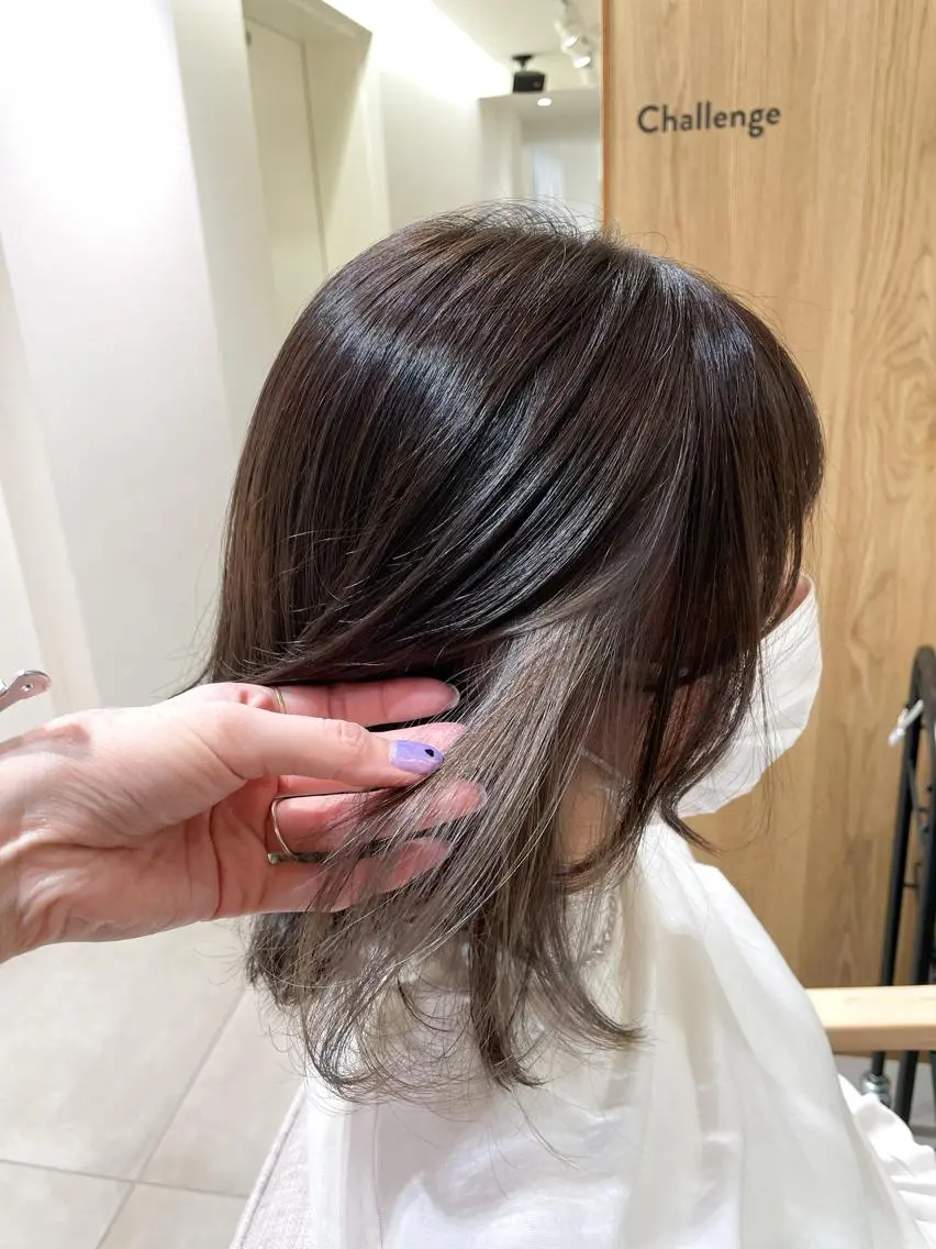 ミディアム カラー ブリーチ グレージュ miyu 美髪縮毛矯正𓂃꙳⋆のヘアスタイル