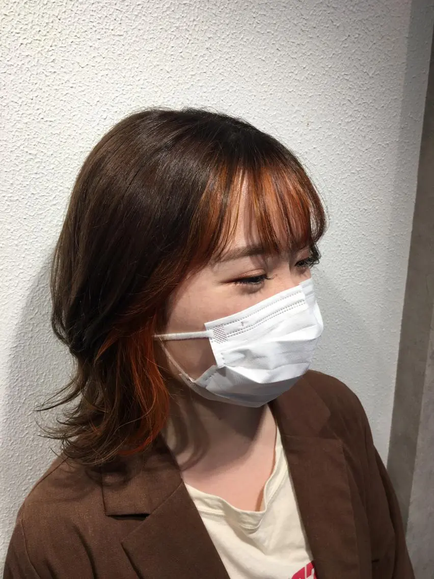 ミディアム カラー イヤリングカラー オレンジ ヘアカラー FABLE HAIR ファブル難波・心斎橋のヘアスタイル