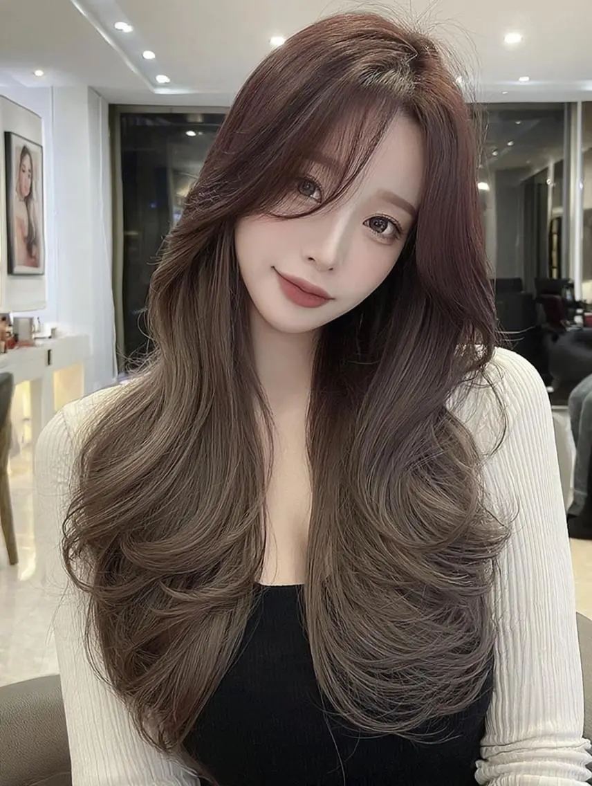ロング 顔周りカット 髪質改善 韓国風ヘア レイヤーカット ヘアカラー トリートメント FOCUS JAPAN3のヘアスタイル