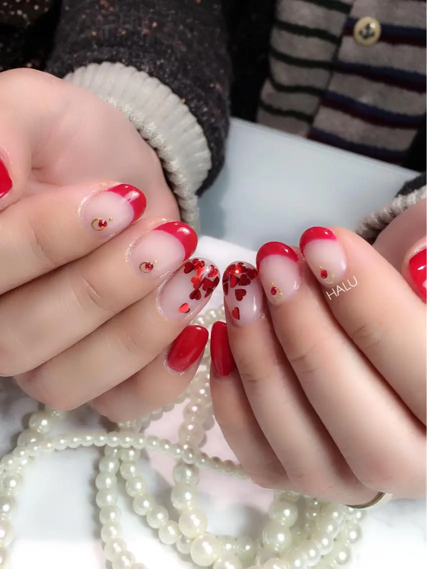 ネイル ガーリー ハート 赤色 バレンタイン HALU ハルのネイルデザイン
