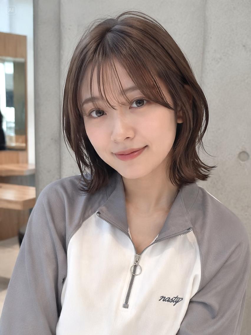 ミディアム カラー 切りっぱなしボブ ミディアムレイヤー グレージュ ボブ 髪質改善 切りっぱなしボブ/ 透明感カラー/うらんのヘアスタイル