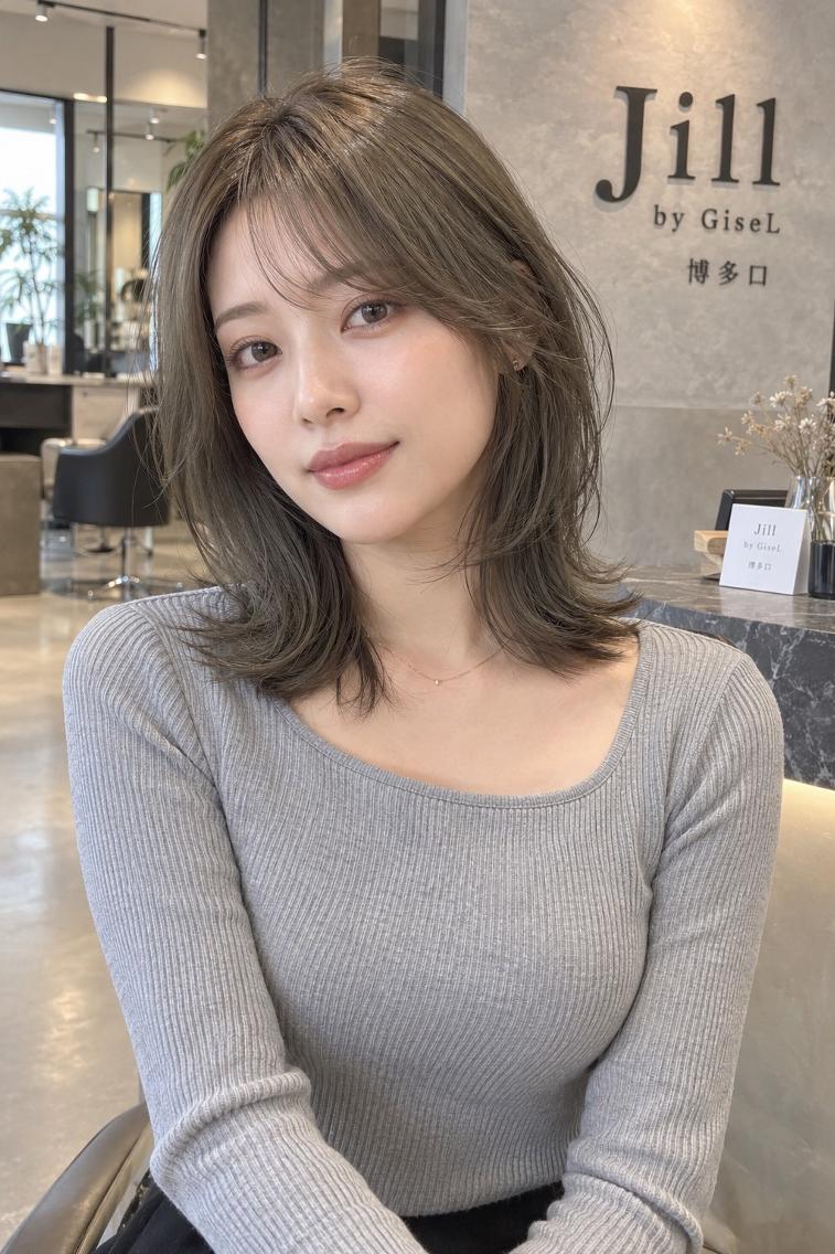 ミディアム カット ヘアカラー トリートメント jill by gisel 博多のヘアスタイル