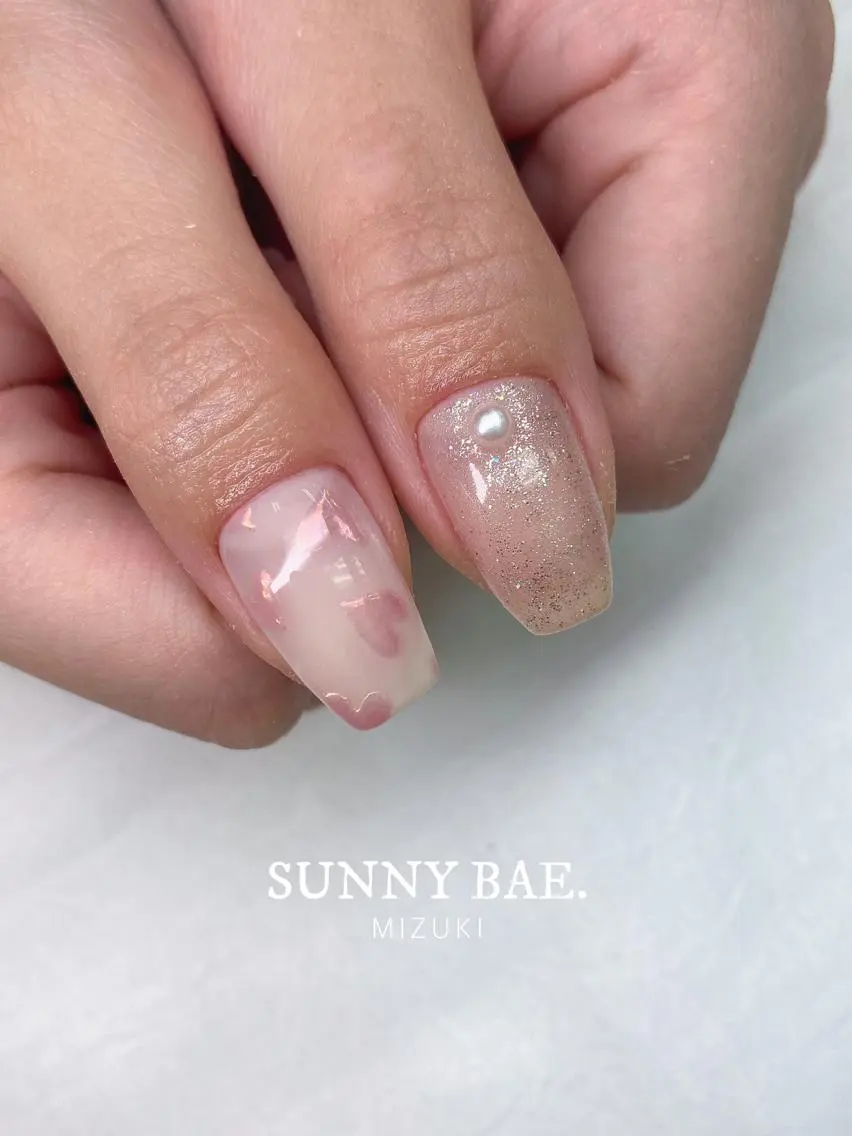ネイル オーロラネイル ハート ラメ(グリッター) ミラーネイル ピンク 🕊 MIZUKIのネイルデザイン