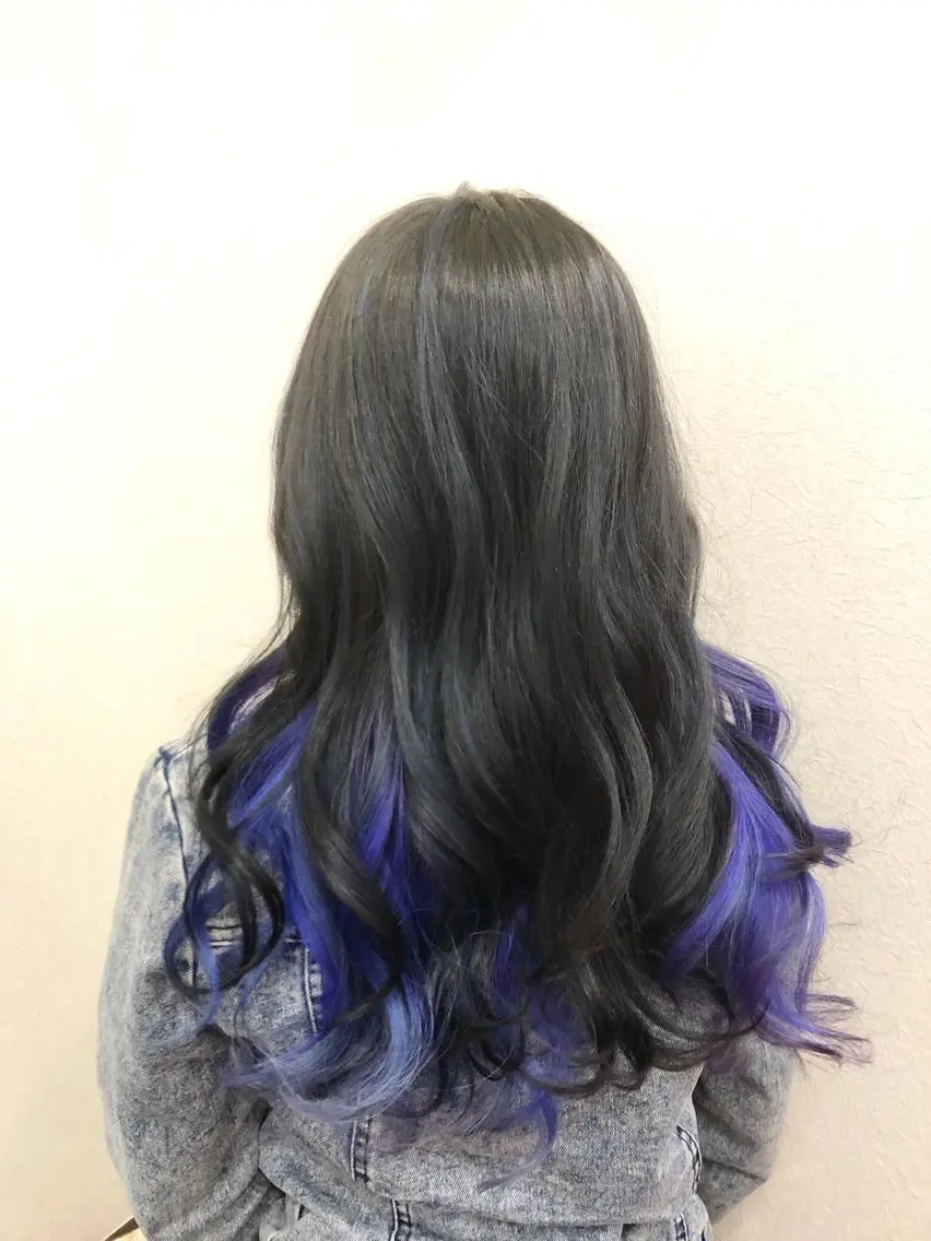 ロング カラー ヘアアレンジ 黒髪 ブルーカラー ブルーパープル ブルーブラック パープルカラー Asian Hair &Eyebrowのヘアスタイル