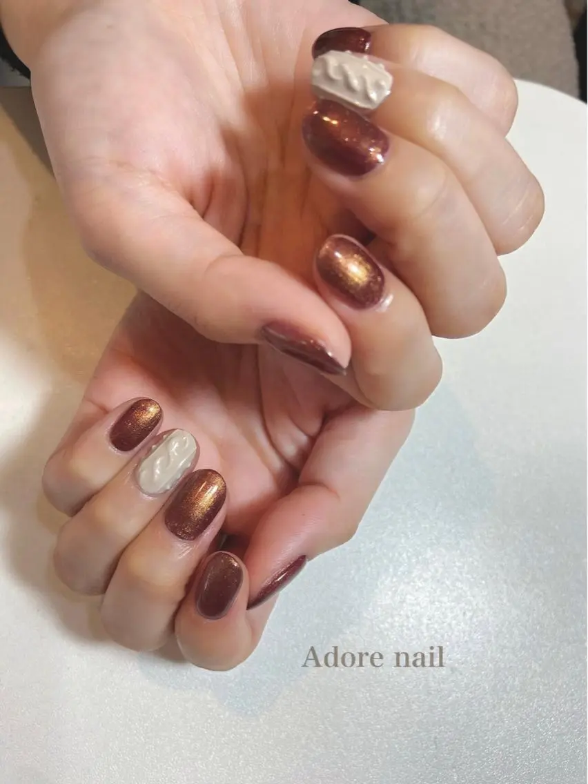 カラー パーマ ネイル マツエク・マツパ テラコッタ クリアネイル マグネットネイル ミラーネイル ニュアンスネイル Adore nailのネイルデザイン
