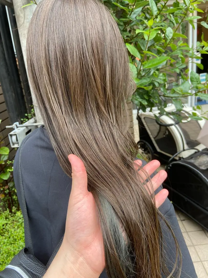 ロング カラー ブリーチ グレージュ ハイトーンカラー オリーブカラー オレンジ 松尾太樹 【pia】福岡美容室のヘアスタイル