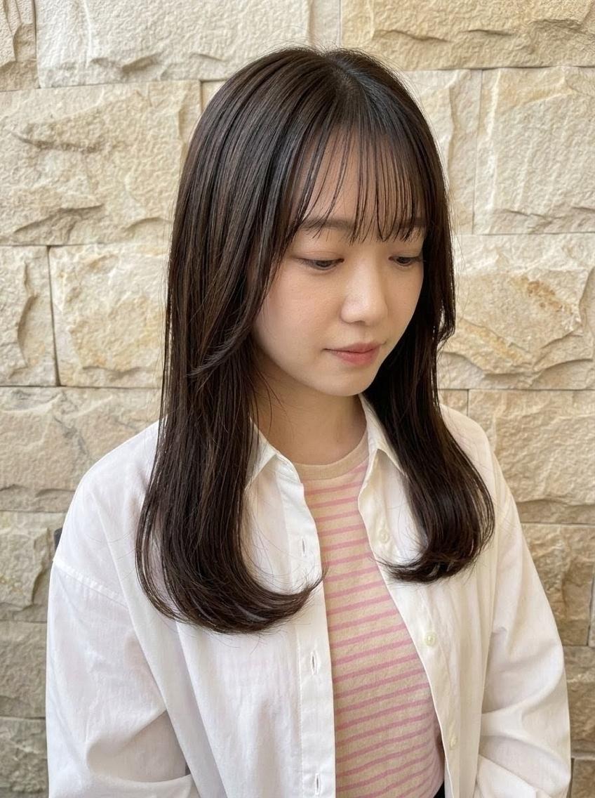 ミディアム カラー 切りっぱなしボブ ミディアムレイヤー グレージュ ボブ 髪質改善 髪質改善/縮毛矯正/ 透明感カラー/西村遼のヘアスタイル