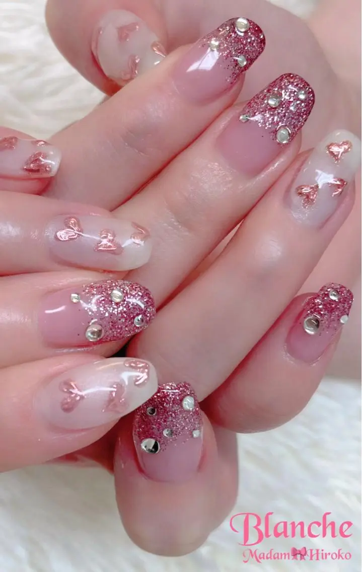 ネイル ハート ラメ(グリッター) ピンク Lianネイル 寛子Lianのネイルデザイン