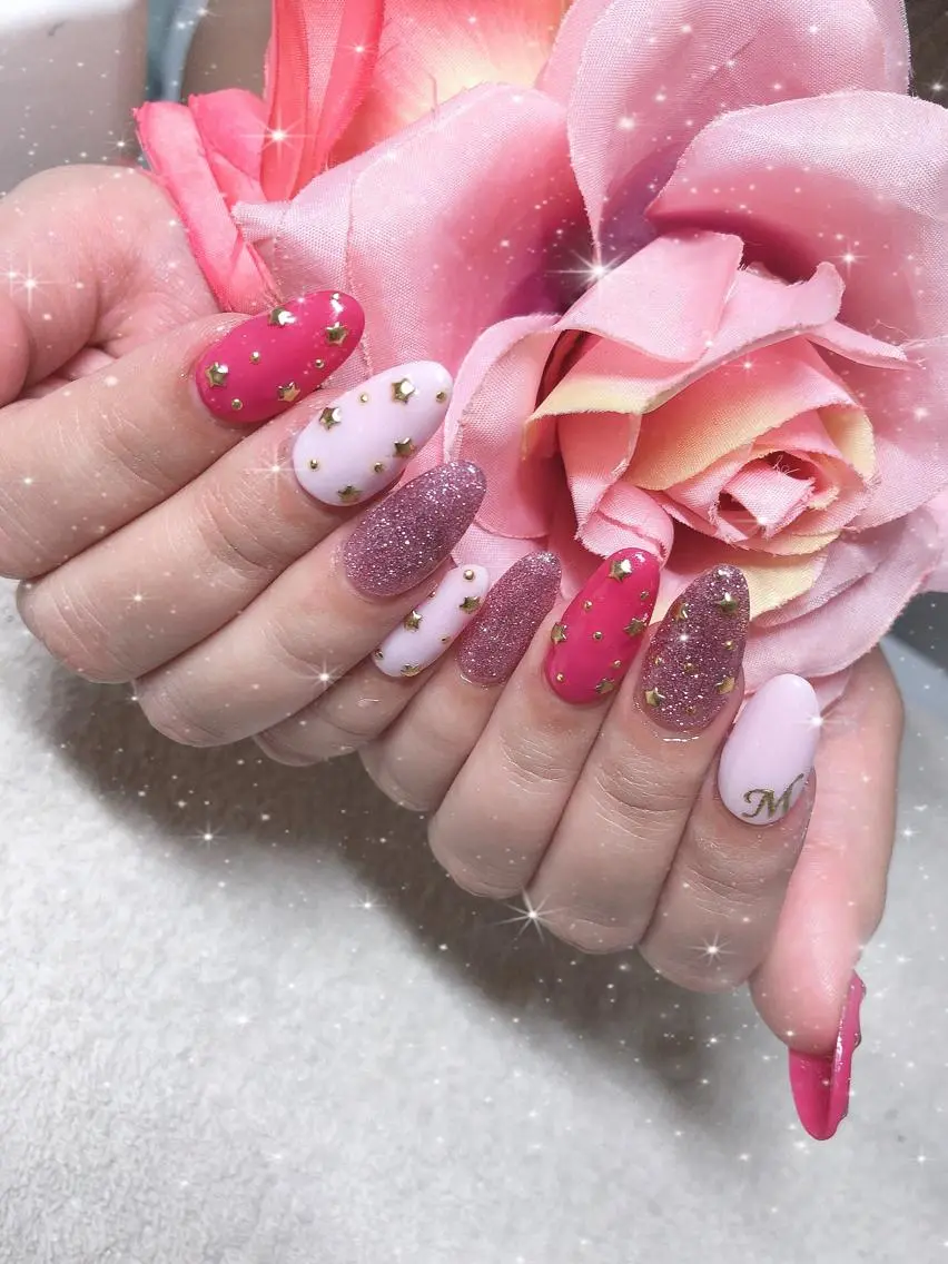 ミディアム ネイル アートネイル ストーンネイル ハンドネイル 《LB》ラブリエ Nail&eyeのマツエク・マツパデザイン