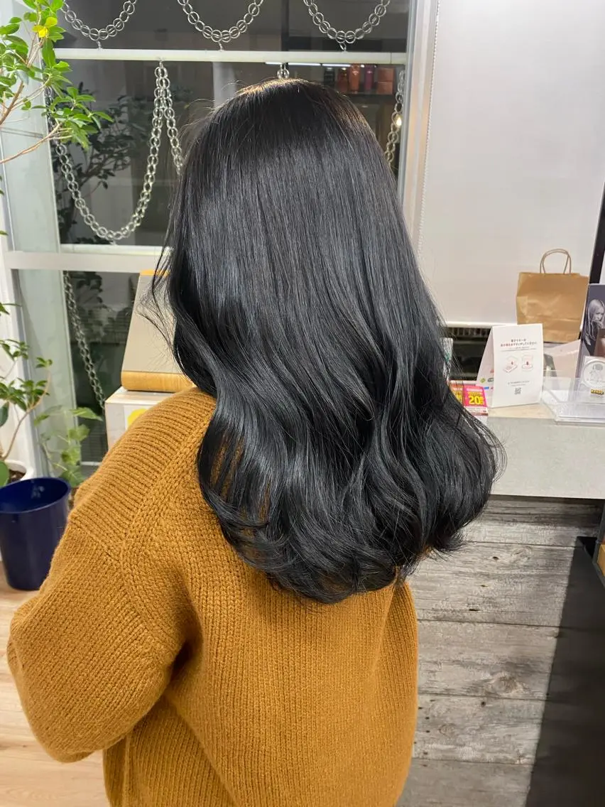 ロング カラー 黒髪 ブリーチ ブルーカラー ブルーブラック 透明感カラー ✨️今だけ無料✨️ 鶴田みなみのヘアスタイル