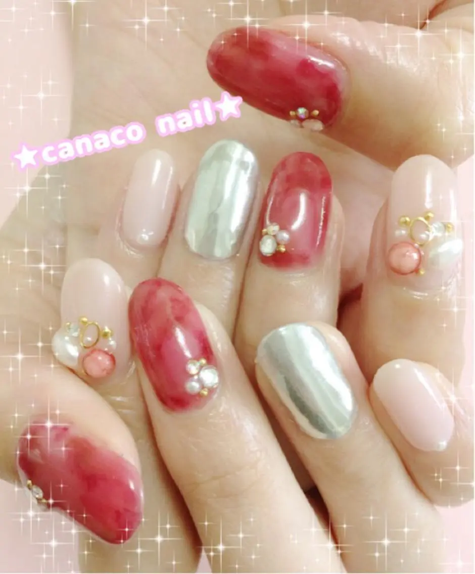 ネイル アートネイル ボルドー 大理石ネイル(マーブル) ミラーネイル ベテランネイル cnc  nailのネイルデザイン