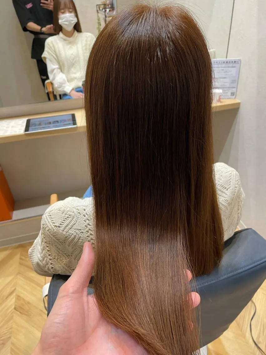 ロング ミストバング ボブ ハイライト 髪質改善 韓国風ヘア ヘアカラー トリートメント newi宮崎 akioのヘアスタイル