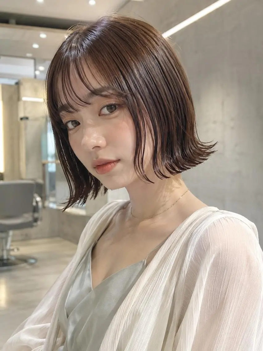 ミディアム カラー 切りっぱなしボブ ミディアムレイヤー グレージュ ボブ 髪質改善 切りっぱなしボブ/ 透明感カラー/うらんのヘアスタイル