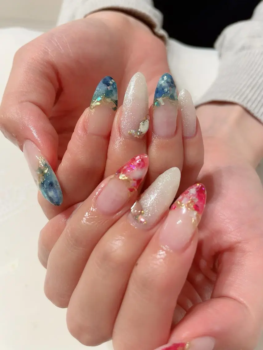 ネイル ブルー フレンチネイル ニュアンスネイル ピンク ハンドネイル * haruのネイルデザイン