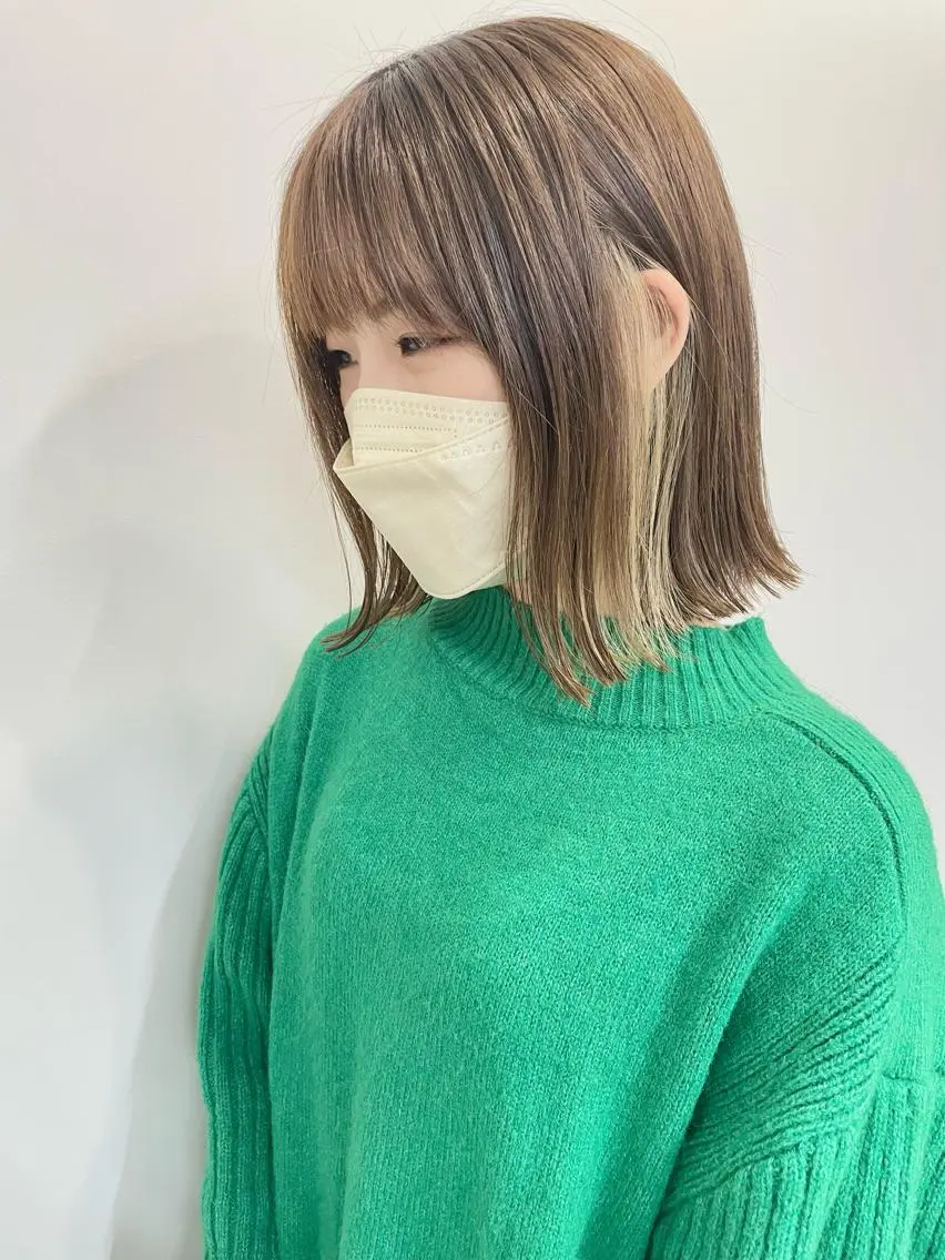 ミディアム カラー 切りっぱなしボブ ミディアムパーマ ボブ 斜めバング レイヤーカット 髪質改善 中川 翔のヘアスタイル