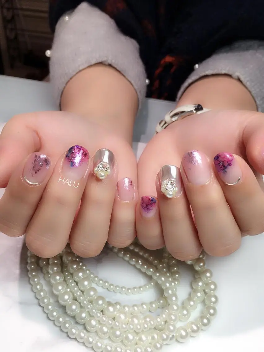 ネイル アートネイル ミラーネイル ニュアンスネイル 春ネイル HALU ハルのネイルデザイン