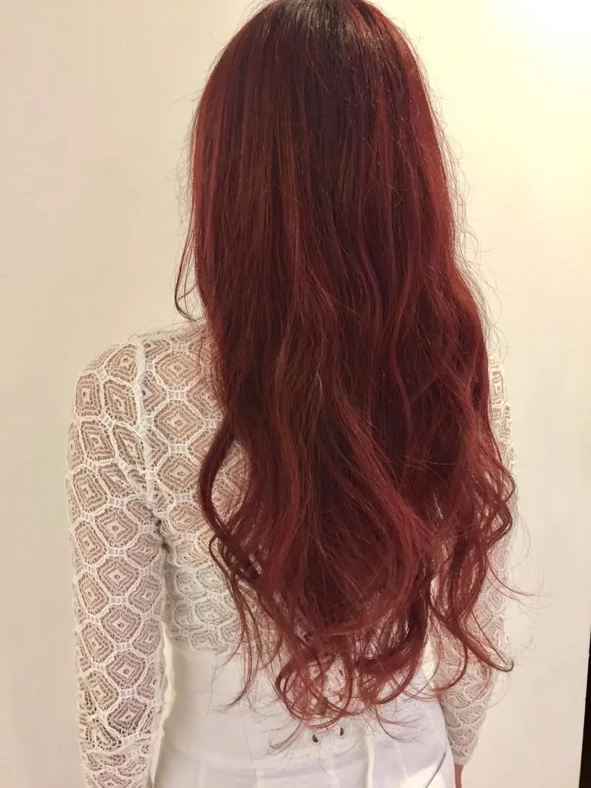 ミディアム セミロング ロング カラー パーマ ボルドーカラー ハイトーン×髪質改善 KENTAのヘアスタイル