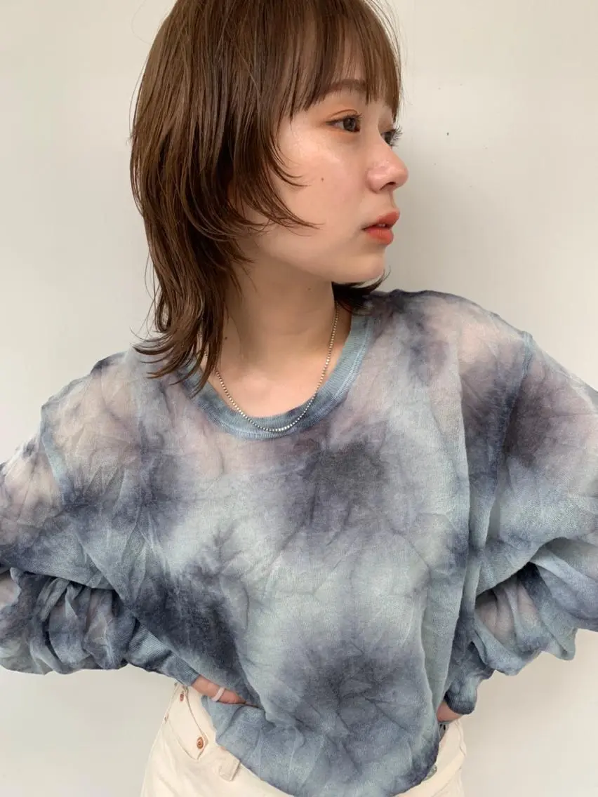 ミディアム パーマ カラー ミディアムパーマ ダブルカラー グラデーションカラー ハイライトカラー イルミナカラー CEINE PATHのヘアスタイル