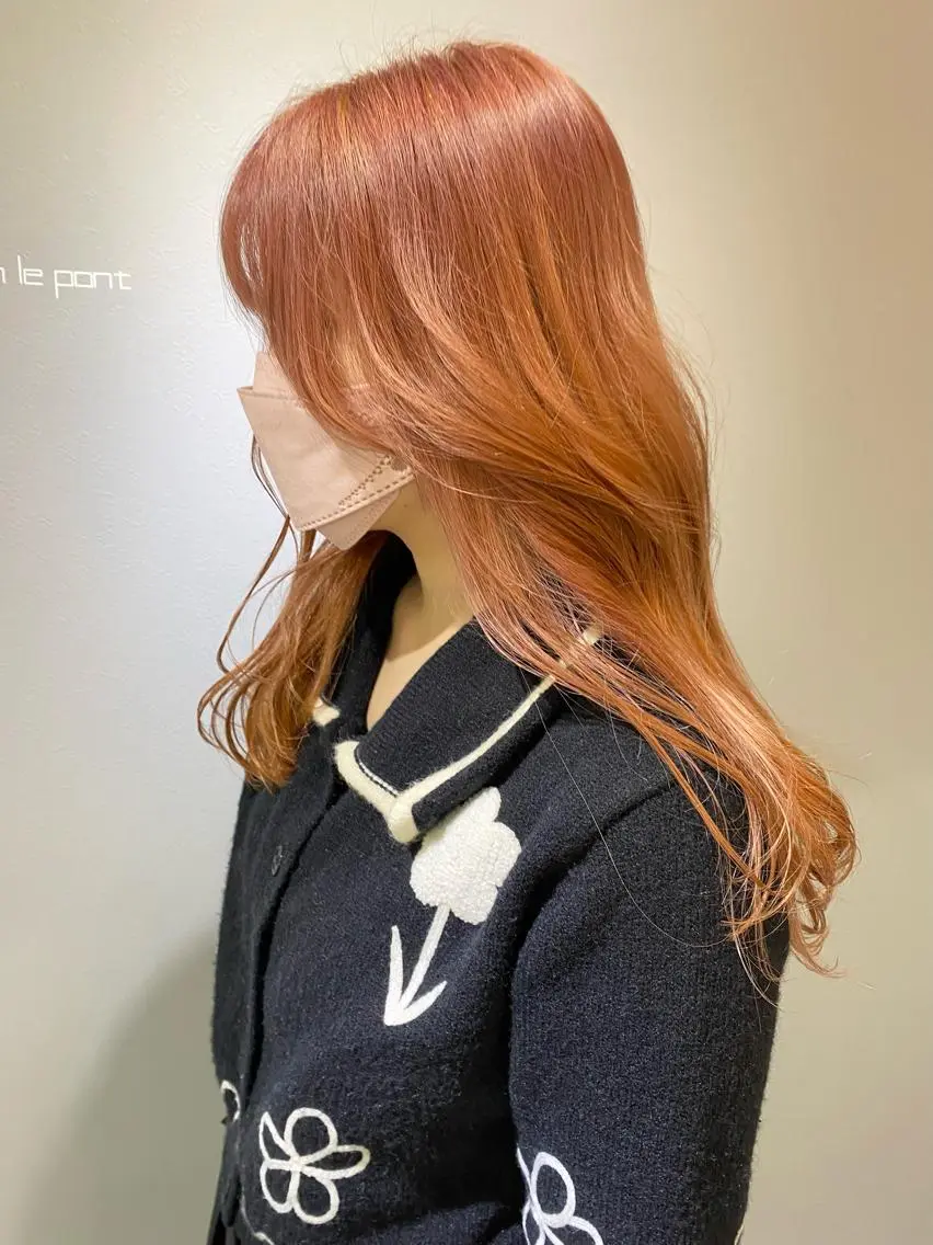 ロング カラー ブリーチ オレンジ オレンジピンク ピンクカラー ヘアカラー ヘッドスパ きよはらちさき🍑 柔らかカラー🌱🫧のヘアスタイル