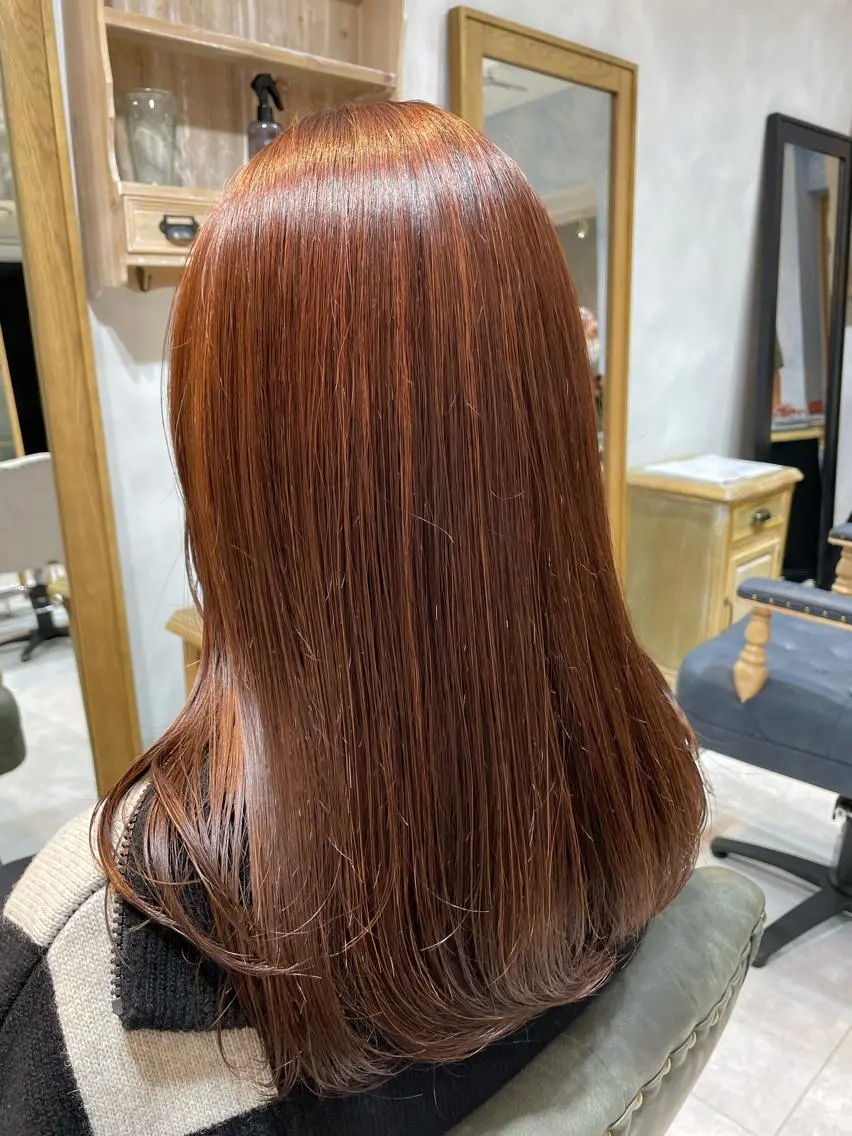 ロング カラー ブリーチ ブラウンカラー カッパーブラウン ブリーチなしカラー 若林 良のヘアスタイル