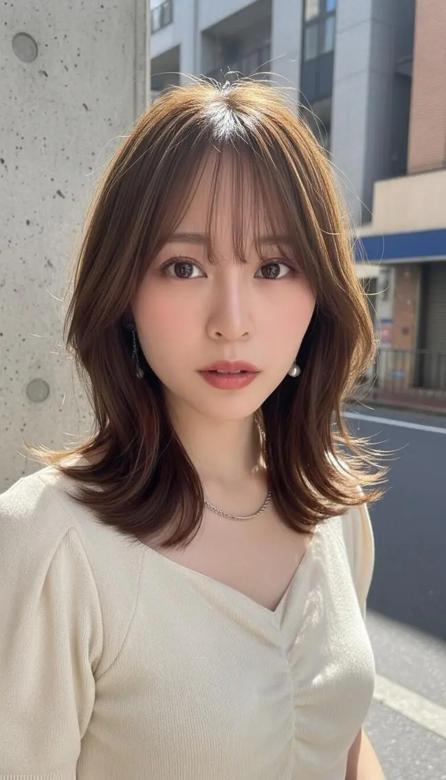 ミディアム カラー パーマ ベージュカラー デート レイヤーカット 小顔カット さく/髪質改善× 縮毛矯正/町田のヘアスタイル