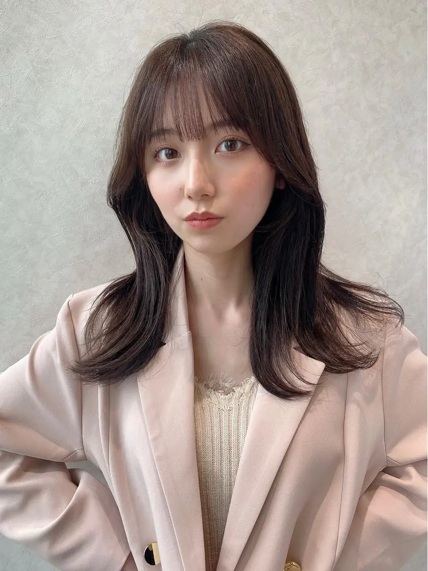 ミディアム カラー ミディアムレイヤー ベージュカラー ブラウンカラー くびれヘア 顔周りカット 顔周り/くびれヘア 韓国ヘア💕風間るなのヘアスタイル