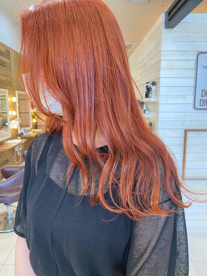ロング カラー ブラウンカラー オレンジ オレンジブラウン レッドカラー ヘアカラー トリートメント riho/レイヤー/ ハイトーン/ブリーチのヘアスタイル