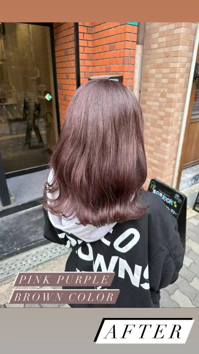 セミロング カラー ブラウンカラー ピンクカラー ピンクパープル パープルカラー パープルブラウン 艶髪レイヤー上田 紗也🇰🇷💗のヘアスタイル
