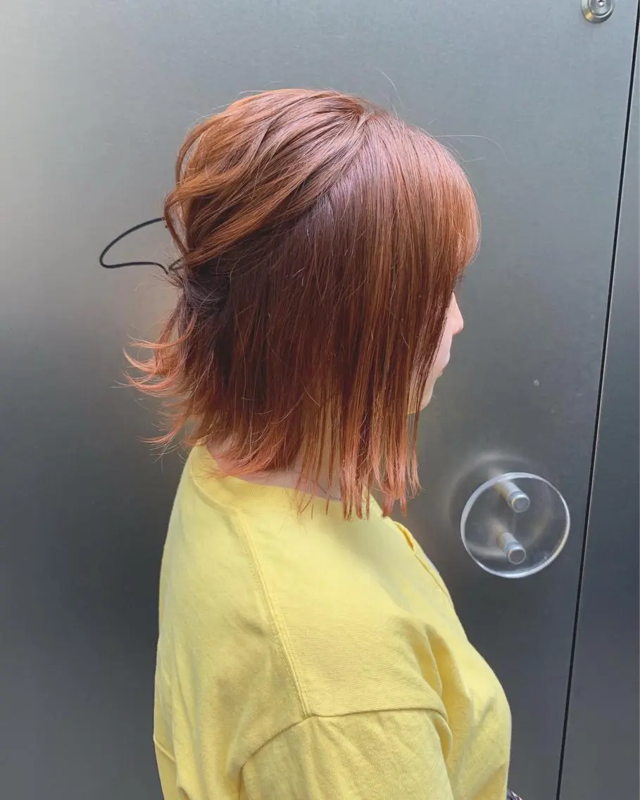 ショート カラー ブリーチ オレンジ ボブ ヘアカラー トリートメント インナーカラー/天神 ブリーチ/吉田のヘアスタイル