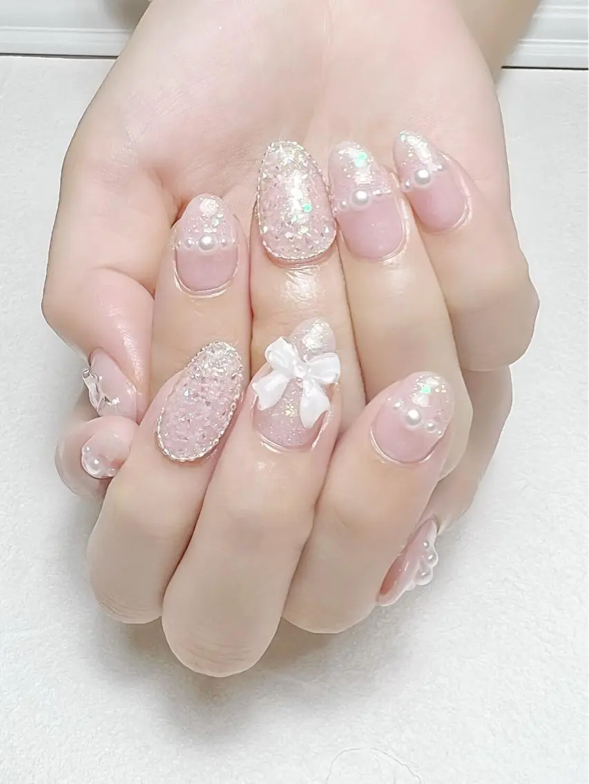 ネイル ラメ(グリッター) リボン ワンホンネイル rouse nail RISATOのネイルデザイン