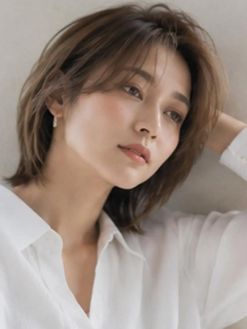 ミディアム ボブ 顔周りカット 伸ばしかけ シースルーバング 佐藤 龍太郎のヘアスタイル