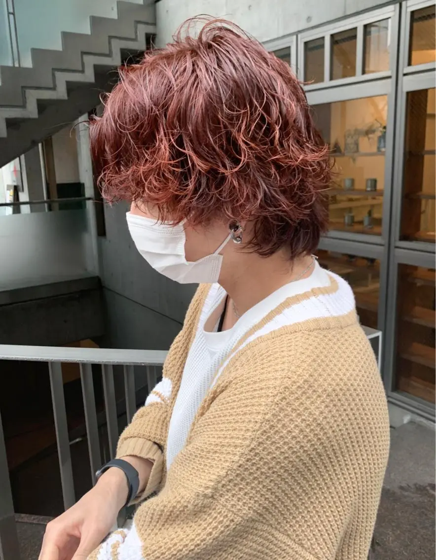ショート カラー パーマ ヘアアレンジ メンズ オレンジ 似合わせパーマ/ kazuのヘアスタイル