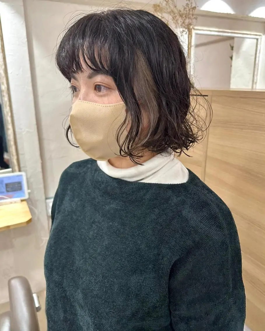 ショート カラー パーマ 切りっぱなしボブ 前下がりボブ ショートボブ 黒髪 ボブ 髪質改善 縮毛矯正/ レイヤー/銀座/本木のヘアスタイル