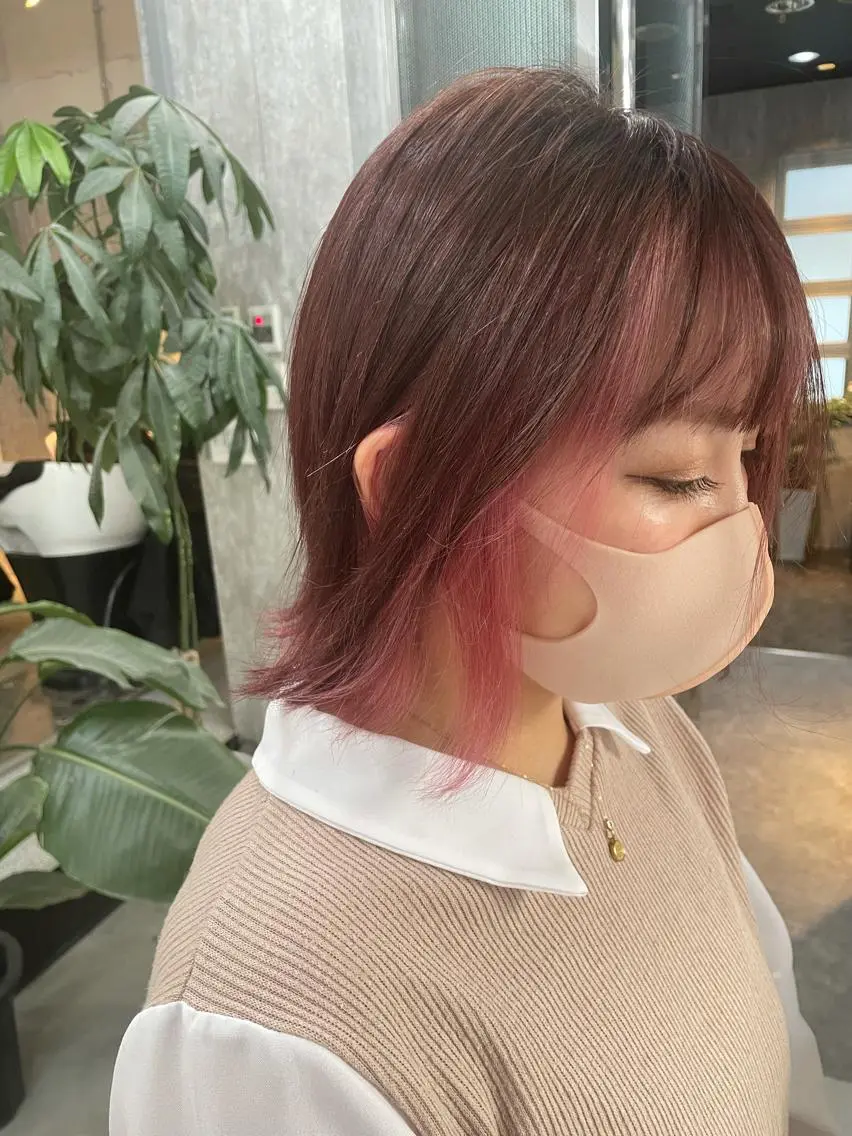 ミディアム カラー ミストバング フェイスフレーミング インナーカラー ピンクカラー ヘアカラー トリートメント ALLEN hair 京橋店のヘアスタイル
